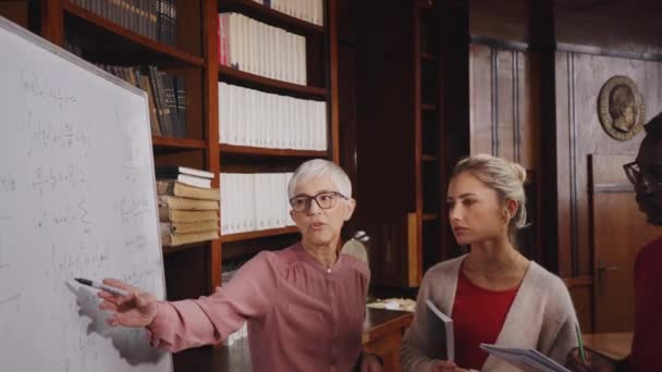 Profesor Ayudando Estudiante Biblioteca Universidad Grupo Estudiantes Multiétnicos Que Toman — Vídeos de Stock