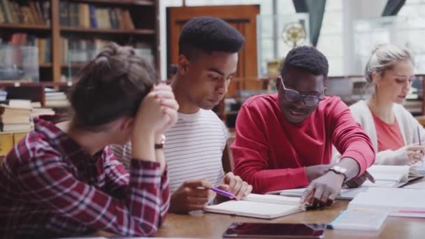 一组大学生在图书馆做课堂作业 多族裔青年男女阅读参考书供学习 在高校图书馆准备考试的大学生组 — 图库视频影像