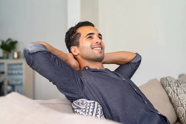 Young Indian Man Home Relaxing Thinking Hands Head Middle Eastern — Stock Photo, Image