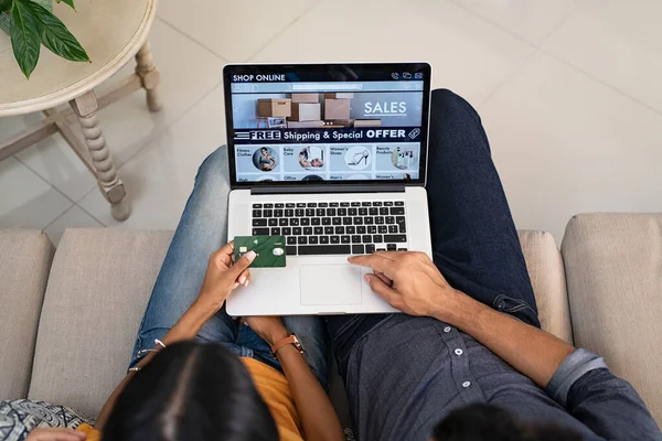 Top View Indian Couple Doing Shopping Online Website Laptop Home — Stock Photo, Image