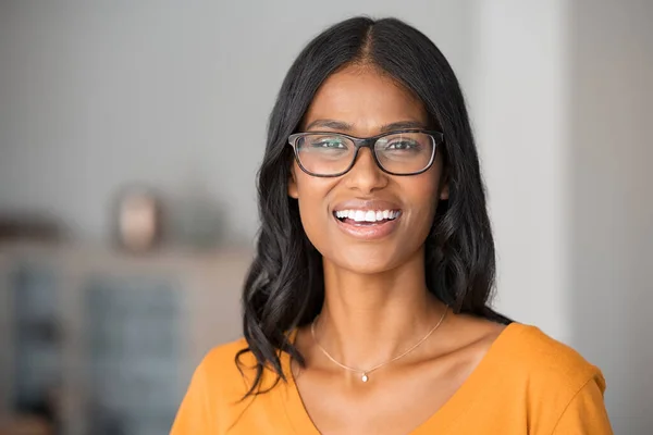 Portrait Young Indian Woman Wearing Eyeglasses Home Successful Mixed Race — Stock Photo, Image