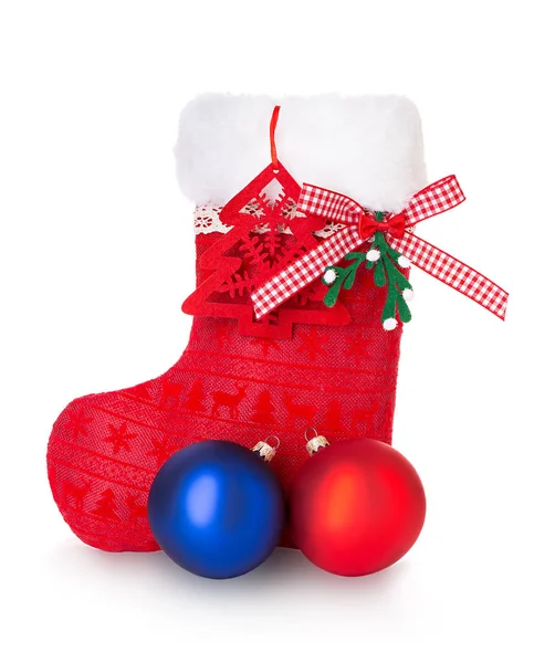 Červená Vánoční Bota Bílém Pozadí Samostatný — Stock fotografie