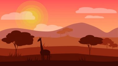 Savannah manzara. Afrika doğa panorama. Safari vektör çizim. Zürafa tree yakınındaki