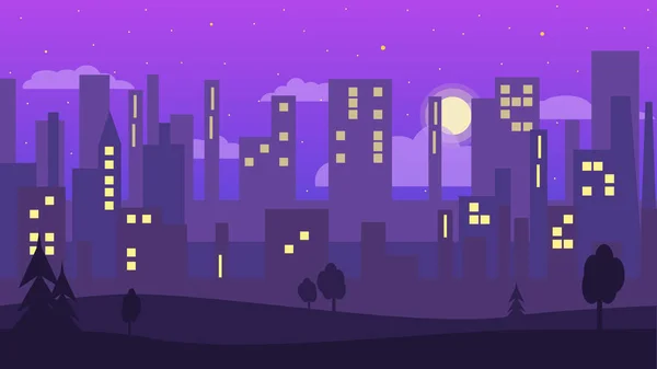 Nacht Stadt Flachen Stil Tapete Violetten Farben Stadtsilhouette Vektorillustration — Stockvektor