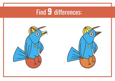 Komik kuş. Çizgi film vektör çizim. Eğitim çocuklar için oyun. Farkları bulun