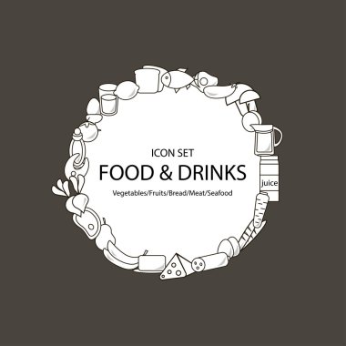 Yuvarlak kare olan arka plan. Siyah ve beyaz gıda simgeler. Vektör çizim