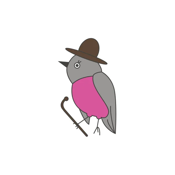 Zabawny Szary Ptak Brązowy Kapelusz Stylowy Wektor Ilustracja Zwierząt — Wektor stockowy