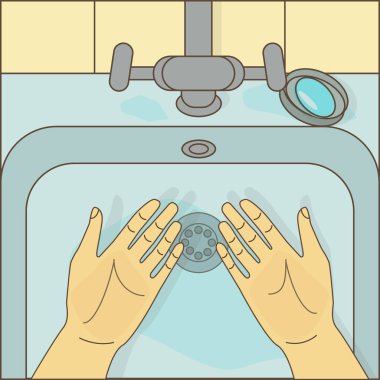Vektör çizim yıkama eller. Sabun ve su ile hijyen.