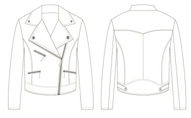 Motorcu deri ceket anahat teknik kroki ön ve arka bölümlerinde