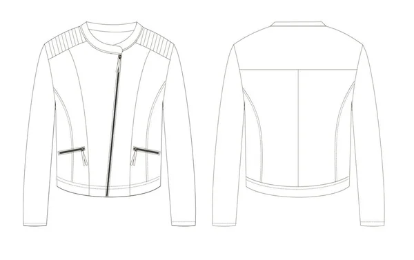 Biker Leather Jacket Front Back Parts Outline Technical Sketch — Stock Vector