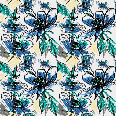 soyut mavi çiçek deseni el tarzı çizilmiş