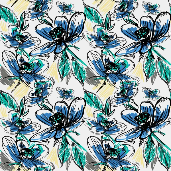Abstracto patrón de flores azules en estilo dibujado a mano — Vector de stock
