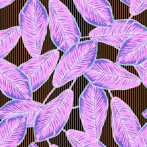 Nahtloses tropisches Muster mit Bananenblättern auf gestreiftem Hintergrund — Stockvektor