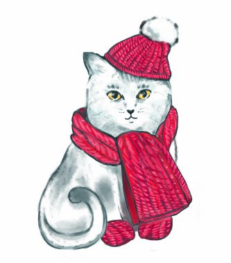 sevimli Kış beyaz kedi karakteri bir örme kırmızı bere ve kırmızı knited atkı ve eldiven illüstrasyon