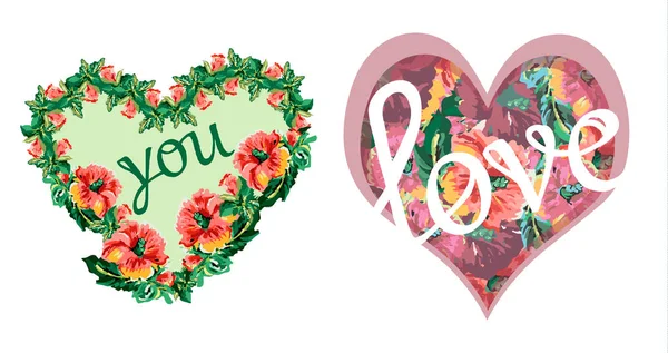Valentine corações cartões postais com estampa floral —  Vetores de Stock