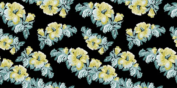 Yellow flowers vintage pattern on black background — Stock Vector