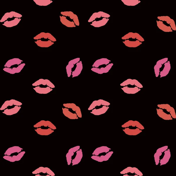 Lippen naadloze patroon. Rood, roze lippen, glimlach op zwarte achtergrond — Stockvector