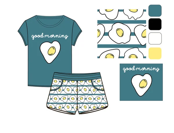 T-shirt e set corto stampati in uova strapazzate — Vettoriale Stock