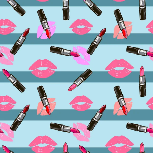 Divat zökkenőmentes kozmetikai mintát rúzs csókok és a rúzsok, a kék csíkos háttér — Stock Vector