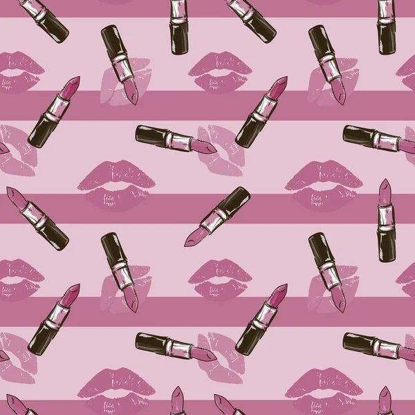 Μόδα απρόσκοπτη καλλυντικά μοτίβο με κραγιόν φιλιά και κραγιόν σε ροζ ριγέ φόντο — Διανυσματικό Αρχείο
