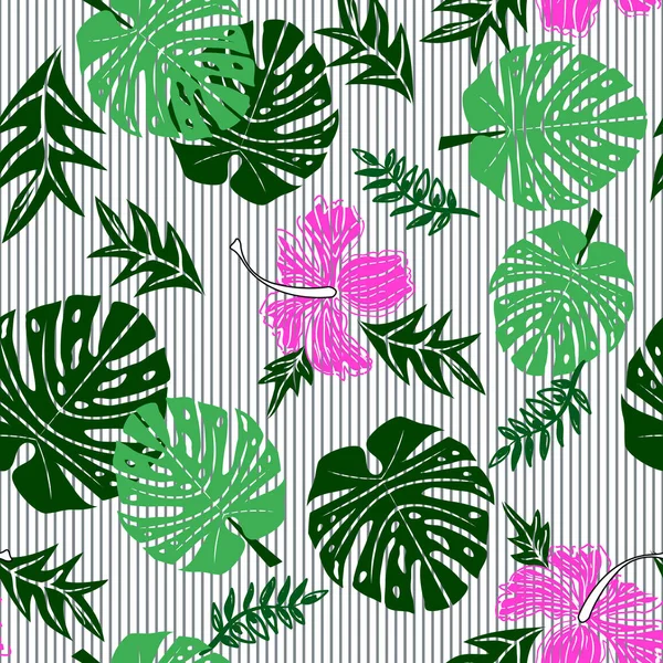 Feuilles tropicales sur fond rayé illustration — Image vectorielle