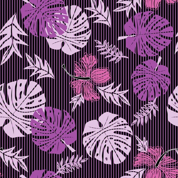 Hojas tropicales sobre fondo rayado en fucsia y colores rosados — Vector de stock