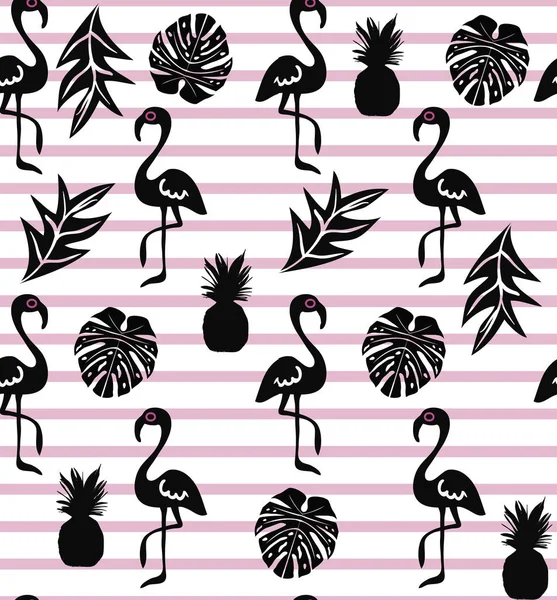 Silhoutte mit Flamingo-Tropenmuster auf rosa gestreiftem Hintergrund — Stockvektor