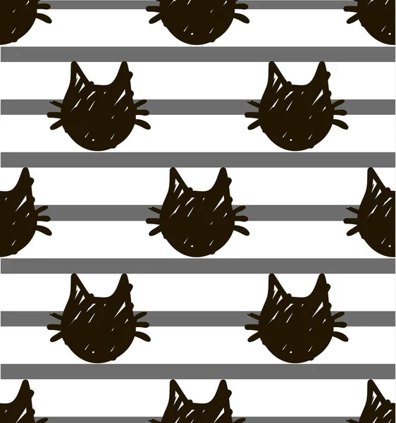 Esboço mão desenhado padrão de cabeças de gato em listras cinza —  Vetores de Stock