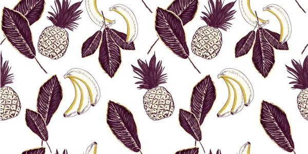 Plantas exóticas patrón dibujado a mano con piña y hojas de palma . — Archivo Imágenes Vectoriales