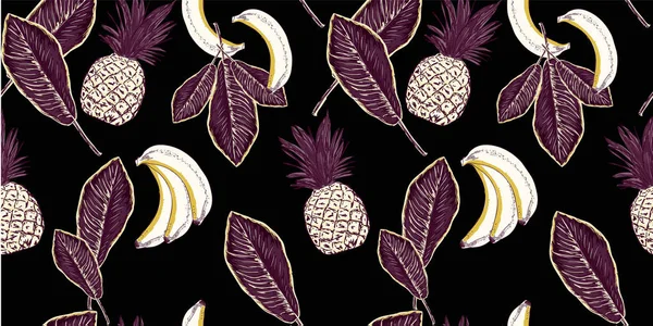 Exotické rostliny ručně nakreslený vzor s ananasem a palmové listy. — Stockový vektor