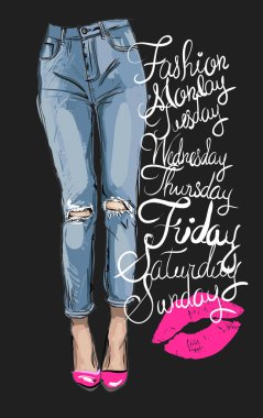moda illüstrasyon mavi skinny jeans femail bacak