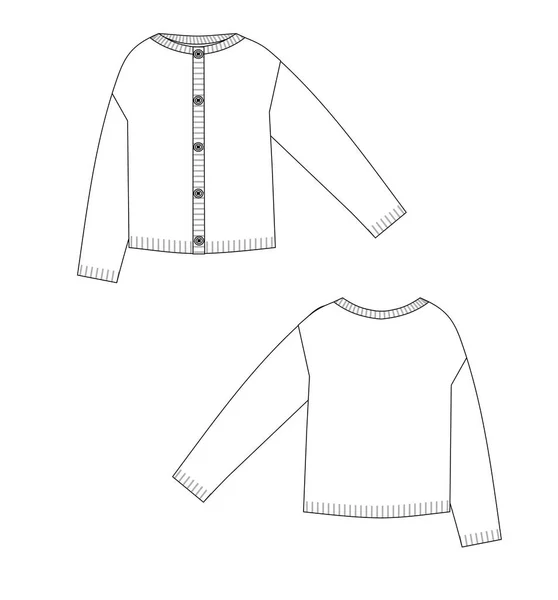 Pletená bunda technický nákres přední a zadní — Stockový vektor