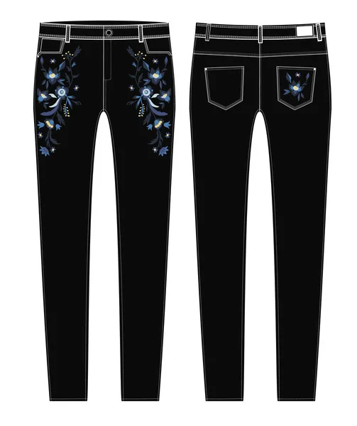 Svarta jeans med blomsterbroderier. — Stock vektor