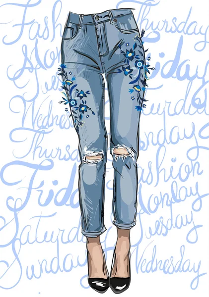 Illustration av blå jeans med brodyr — Stock vektor