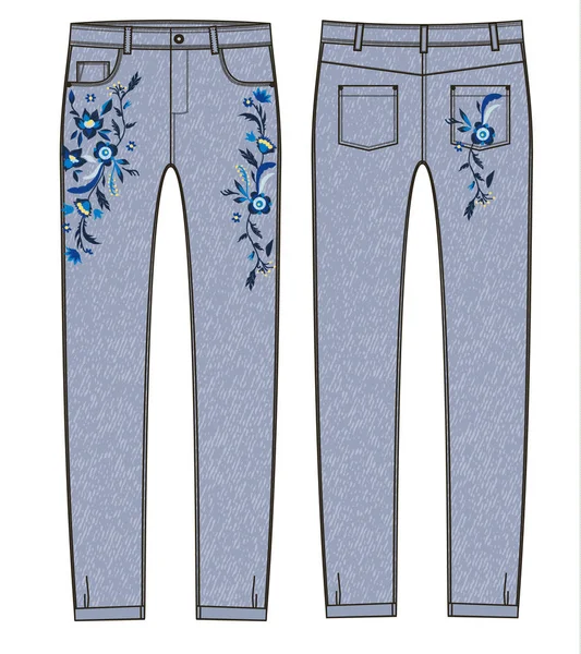 Croquis de jeans avec broderie florale . — Image vectorielle