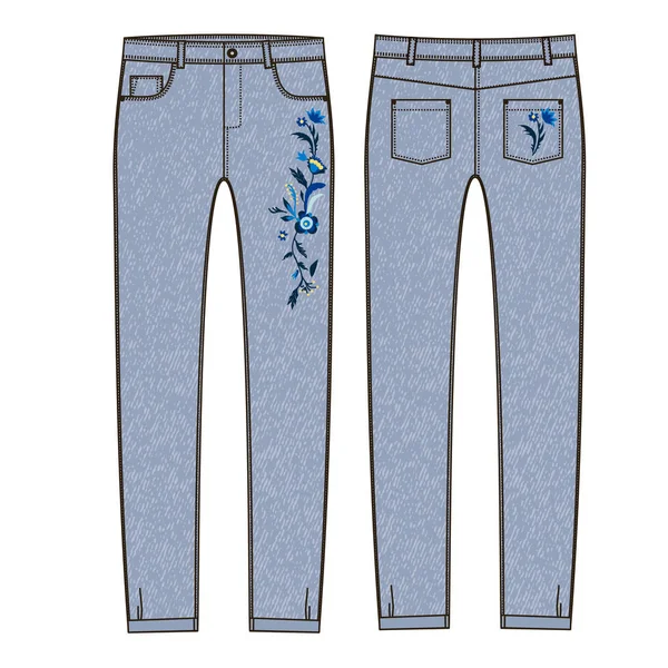 Croquis de jeans avec broderie florale . — Image vectorielle