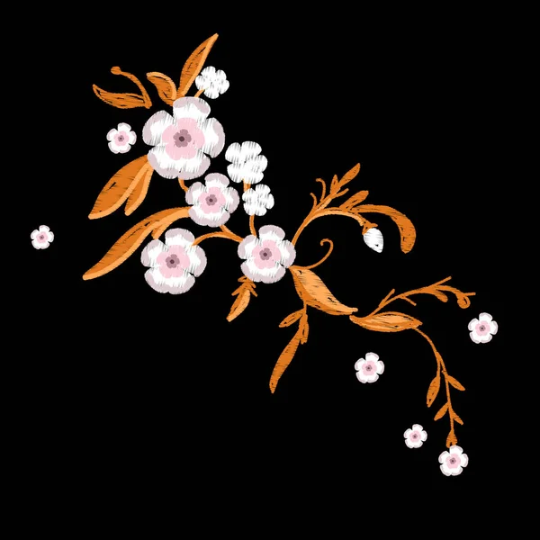 Bordado de flores de sakura con hojas — Vector de stock