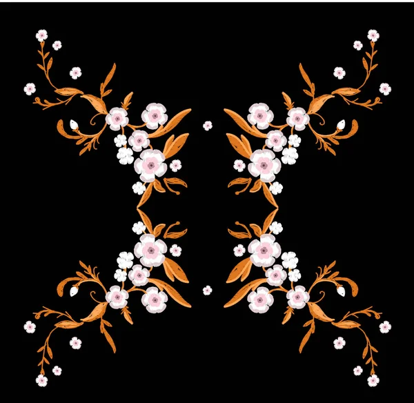 Bordado de flores de sakura con hojas — Vector de stock