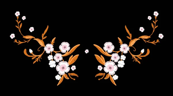 Bordado de flores de sakura con hojas — Vector de stock