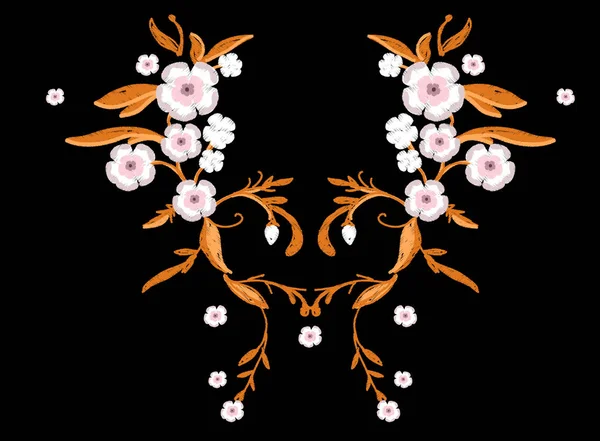 Embroidery of sakura flowers with leaves — Stock Vector