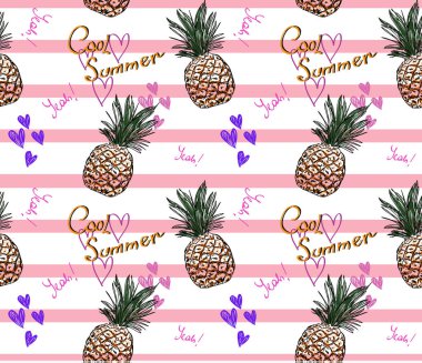 tatlı ananas desen metin serin yaz ve çizgili arka plan üzerinde bir kalp ile