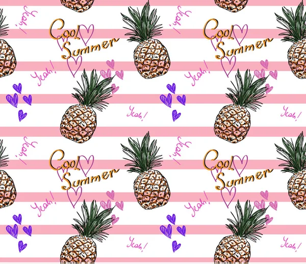 かわいいパイナップル パターン テキスト涼しい夏とストライプの背景に心 — ストックベクタ
