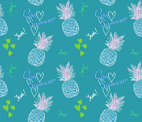 Lindo patrón de piña con texto fresco verano y corazón sobre fondo azul — Archivo Imágenes Vectoriales