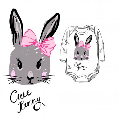 Bebek vücut kıyafetleri tavşan yazdırma teknik kroki ön kısım ile ön baskılı