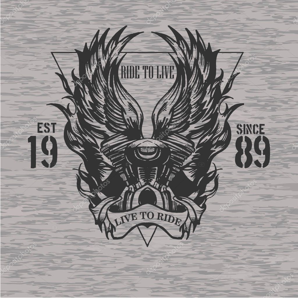 Motorcycle motor with wings emblem with triangle t shirt print on dark melange background