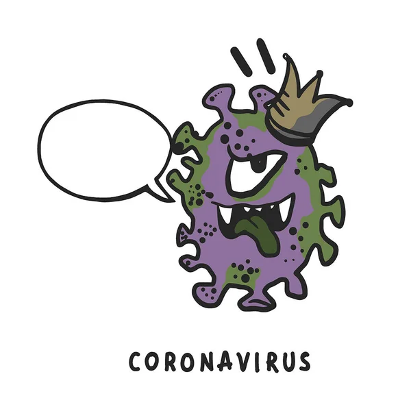 Corona-Virus-Charakter. Coronavirus macotte im Cartoon-Stil mit Sprechblase — Stockvektor