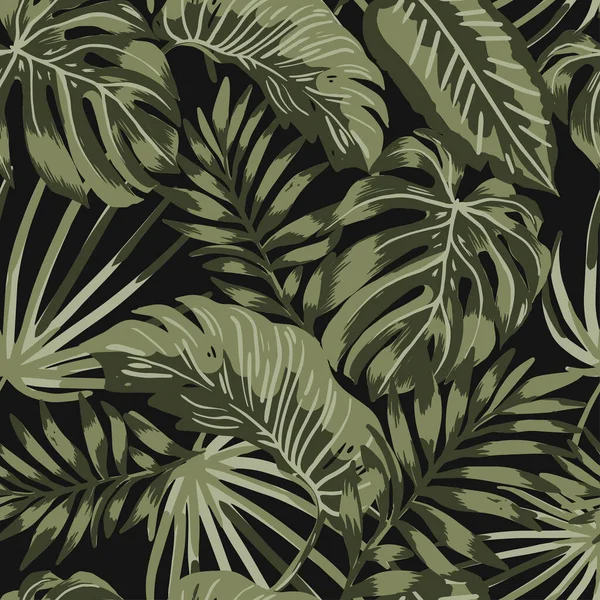 Feuilles tropicales motif sur fond noir. Vert motif jungle tropicale — Image vectorielle