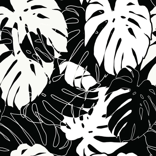 Motif sans couture monstera noir et blanc. Modèle de feuilles tropicales — Image vectorielle