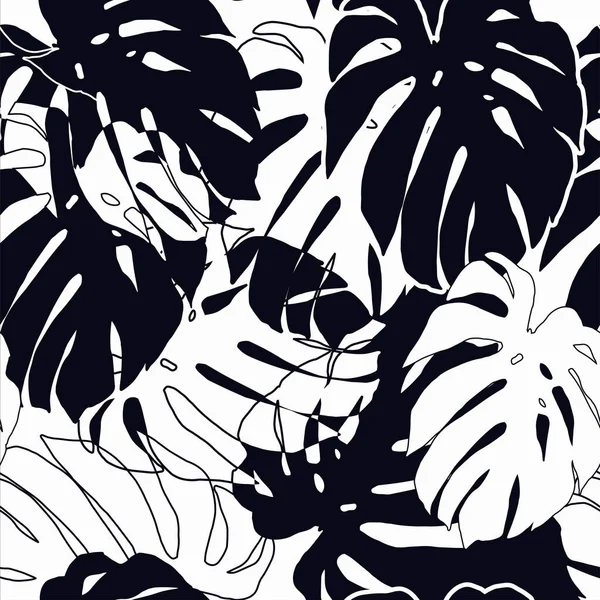 Siyah ve beyaz canavarlar kusursuz desenler. Tropikal yapraklar — Stok Vektör