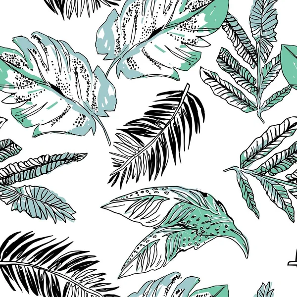 Modèle de feuille tropicale dans le style d'art linéaire avec la couleur vert clair sur fond blanc. . — Image vectorielle